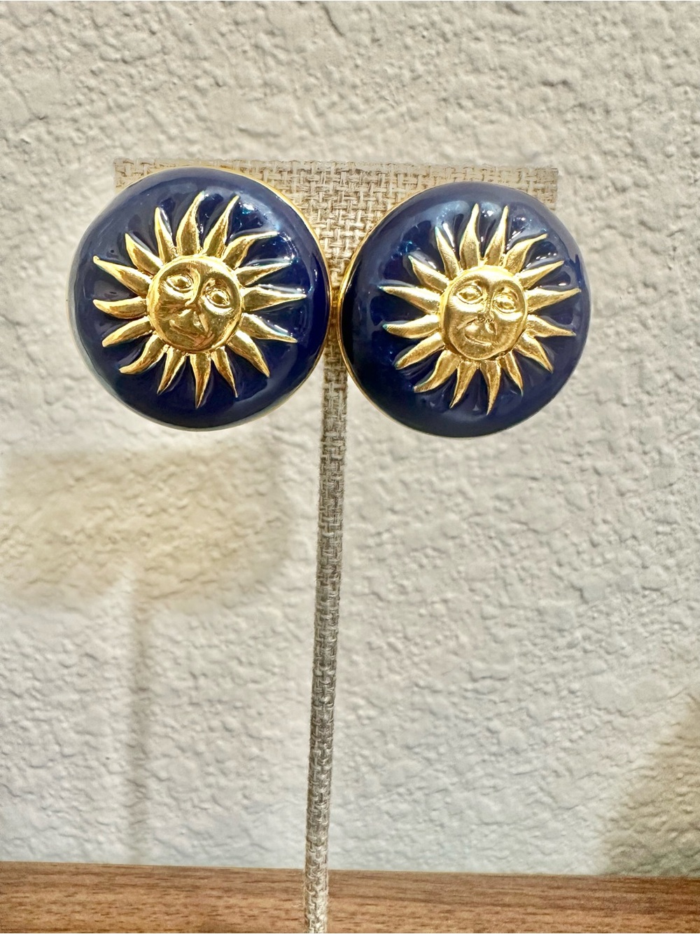 Oversized Vintage Gold Plated Navy Enamel Sunburst Earrings (Moderate Weight)